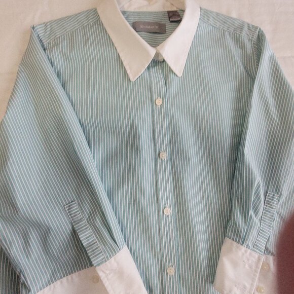 Teal Blue & White Pin Stripe Blouse XL Liz Claiborne - Picture 4 of 16